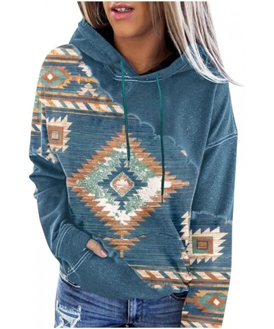 Western Aztec Hoodies for Women Geometric Print Cowgirl Ethnic Style Pullover Top Drawstring Long Sleeve Sweatshirt Z08-blue ...