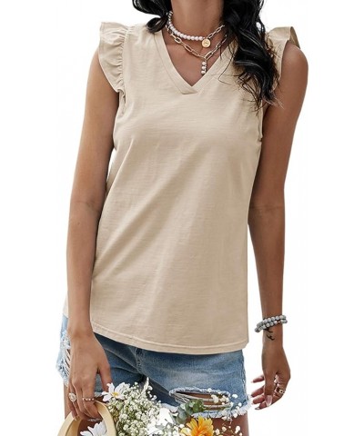 Womens Casual V Neck Tank Tops Frilled Ruffles Sleeveless Loose Solid Summer Tee Shirts Khaki $14.99 Tanks