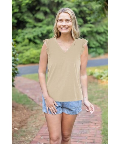 Womens Casual V Neck Tank Tops Frilled Ruffles Sleeveless Loose Solid Summer Tee Shirts Khaki $14.99 Tanks