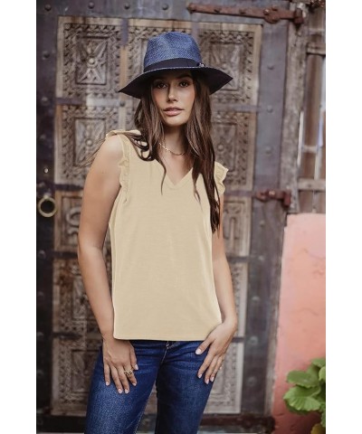 Womens Casual V Neck Tank Tops Frilled Ruffles Sleeveless Loose Solid Summer Tee Shirts Khaki $14.99 Tanks