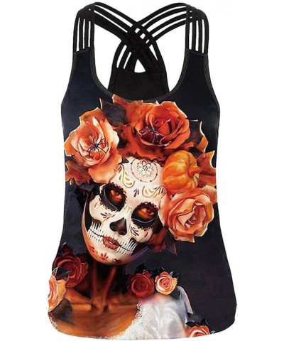 Women's Halloween Tank Tops Skull Pumpkin Print Nightmare Before Christmas Sleeveless Tank Top Shirts for Womens Black/Orange...