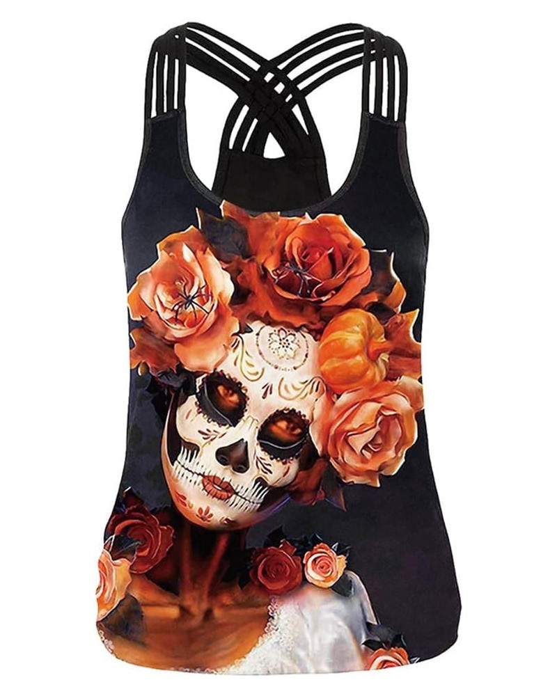 Women's Halloween Tank Tops Skull Pumpkin Print Nightmare Before Christmas Sleeveless Tank Top Shirts for Womens Black/Orange...