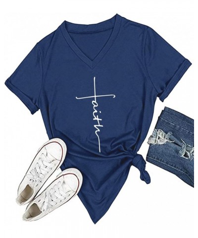 Women's V-Neck Summer Casual Letters Printed Short Sleeves Graphic T-Shirt Blue $11.39 T-Shirts