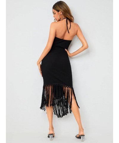 Women's Backless Halter Neck Asymmetrical Fringe Hem Long Bodycon Dress Black $19.13 Dresses