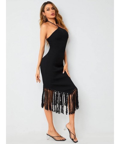 Women's Backless Halter Neck Asymmetrical Fringe Hem Long Bodycon Dress Black $19.13 Dresses