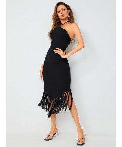 Women's Backless Halter Neck Asymmetrical Fringe Hem Long Bodycon Dress Black $19.13 Dresses