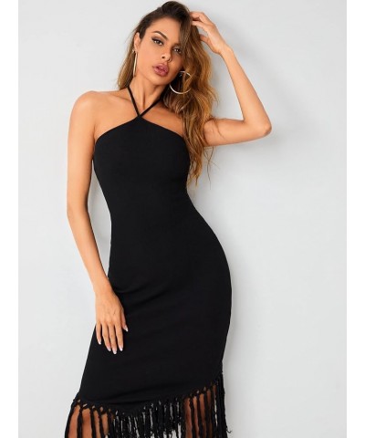 Women's Backless Halter Neck Asymmetrical Fringe Hem Long Bodycon Dress Black $19.13 Dresses