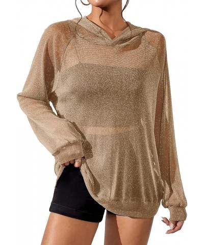 Women's See Through Mesh Raglan Sleeve Oversized Hoodie Pullover Sweatshirt Brown $13.24 Hoodies & Sweatshirts