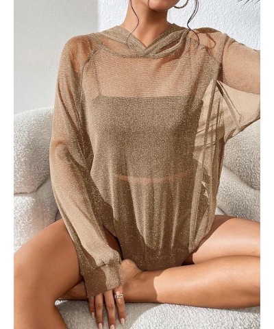 Women's See Through Mesh Raglan Sleeve Oversized Hoodie Pullover Sweatshirt Brown $13.24 Hoodies & Sweatshirts