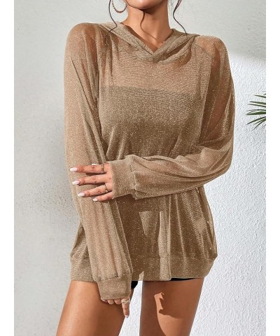 Women's See Through Mesh Raglan Sleeve Oversized Hoodie Pullover Sweatshirt Brown $13.24 Hoodies & Sweatshirts