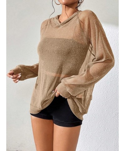 Women's See Through Mesh Raglan Sleeve Oversized Hoodie Pullover Sweatshirt Brown $13.24 Hoodies & Sweatshirts