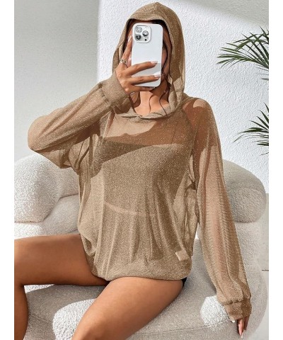 Women's See Through Mesh Raglan Sleeve Oversized Hoodie Pullover Sweatshirt Brown $13.24 Hoodies & Sweatshirts