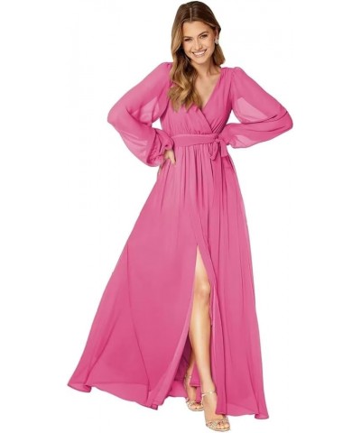 Long Sleeve Bridesmaid Dresses for Women Pleated Chiffon Slit Formal Evening Dresses with Pockets Hot Pink $29.06 Dresses