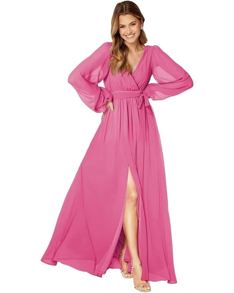 Long Sleeve Bridesmaid Dresses for Women Pleated Chiffon Slit Formal Evening Dresses with Pockets Hot Pink $29.06 Dresses