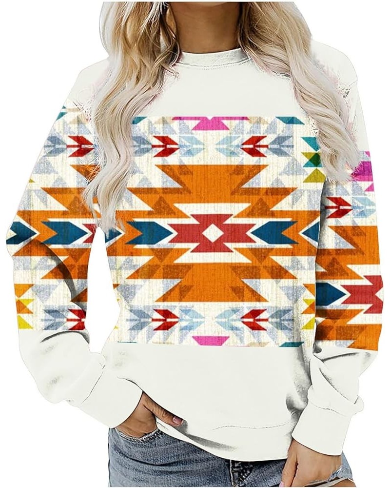 Womens Long Sleeve 2023 Fall Fashion Sweatshirt Western Aztec Geometric Pullover Ethnic Graphic Loose Casual Hoodies 08 White...