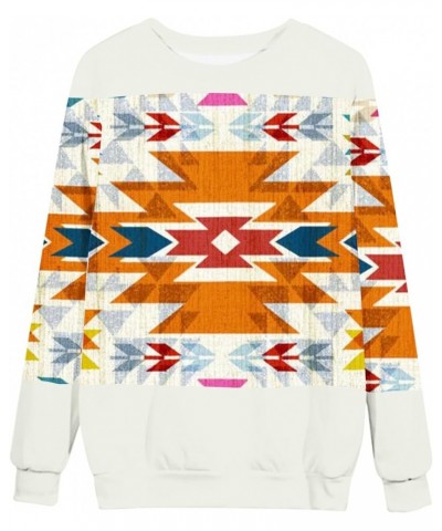 Womens Long Sleeve 2023 Fall Fashion Sweatshirt Western Aztec Geometric Pullover Ethnic Graphic Loose Casual Hoodies 08 White...