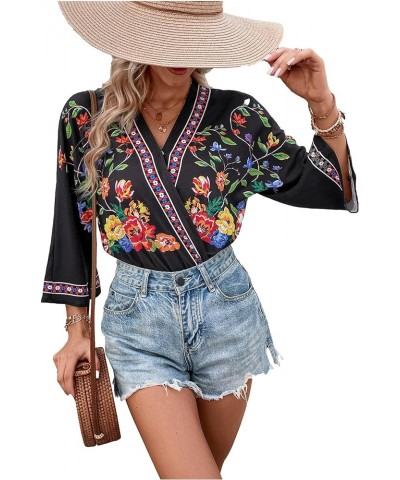 Women's Casual Bodysuit Floral Print Wrap V Neck 3/4 Short Sleeve Bodysuit Black $10.75 Bodysuits