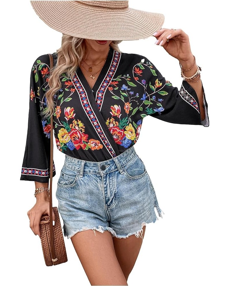 Women's Casual Bodysuit Floral Print Wrap V Neck 3/4 Short Sleeve Bodysuit Black $10.75 Bodysuits