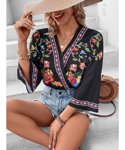 Women's Casual Bodysuit Floral Print Wrap V Neck 3/4 Short Sleeve Bodysuit Black $10.75 Bodysuits