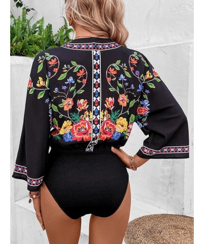 Women's Casual Bodysuit Floral Print Wrap V Neck 3/4 Short Sleeve Bodysuit Black $10.75 Bodysuits