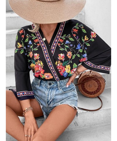 Women's Casual Bodysuit Floral Print Wrap V Neck 3/4 Short Sleeve Bodysuit Black $10.75 Bodysuits