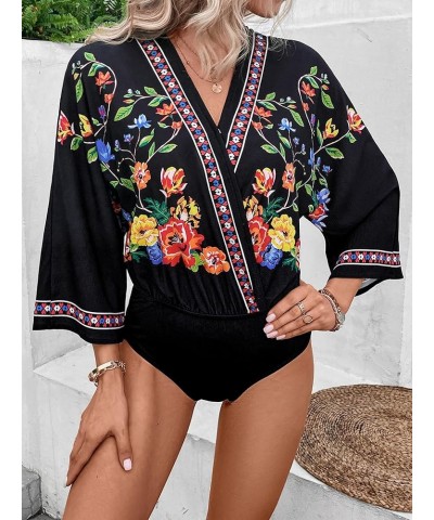 Women's Casual Bodysuit Floral Print Wrap V Neck 3/4 Short Sleeve Bodysuit Black $10.75 Bodysuits