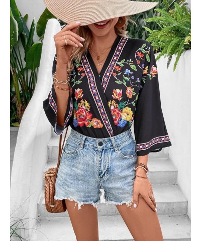 Women's Casual Bodysuit Floral Print Wrap V Neck 3/4 Short Sleeve Bodysuit Black $10.75 Bodysuits