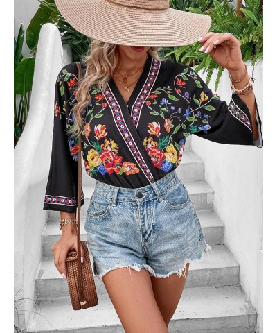 Women's Casual Bodysuit Floral Print Wrap V Neck 3/4 Short Sleeve Bodysuit Black $10.75 Bodysuits