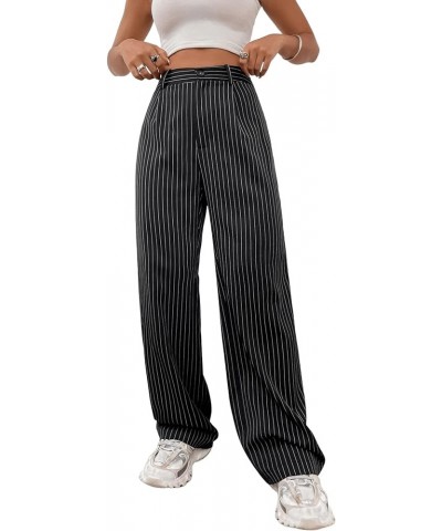 Women's Casual Striped High Waisted Pants Wide Leg Loose Fit Trousers Black $15.60 Pants