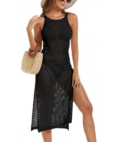 Crochet Swimsuit Cover Up for Women Knit Swim Coverup Long Hollow Out Bathing Suit Bikini Side Split Beach Dress Black $17.91...