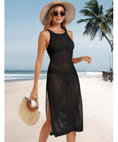 Crochet Swimsuit Cover Up for Women Knit Swim Coverup Long Hollow Out Bathing Suit Bikini Side Split Beach Dress Black $17.91...