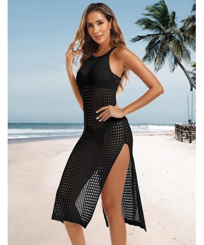 Crochet Swimsuit Cover Up for Women Knit Swim Coverup Long Hollow Out Bathing Suit Bikini Side Split Beach Dress Black $17.91...