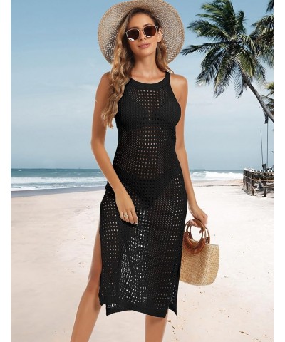 Crochet Swimsuit Cover Up for Women Knit Swim Coverup Long Hollow Out Bathing Suit Bikini Side Split Beach Dress Black $17.91...