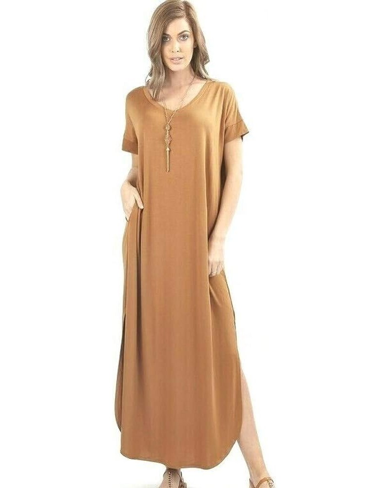 Plus Short Rolled Sleeve Side Slit V-Neck Maxi Dress Coffee $16.77 Dresses