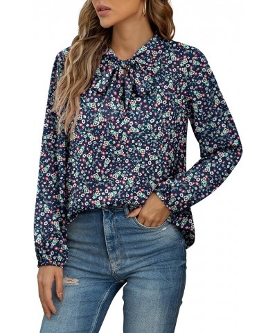 Womens Dressy Chiffon Blouse Long Sleeve Casual Tie Neck Shirt Tops Long Sleeve 01 Flower Navy Blue $10.44 Blouses