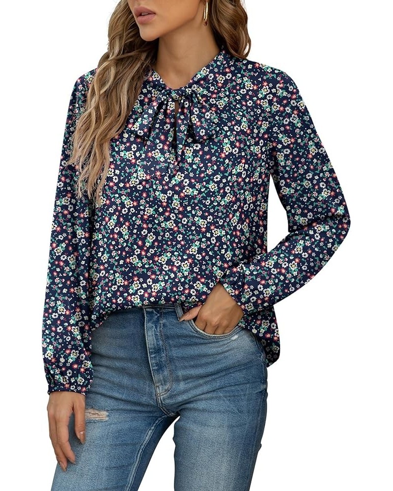 Womens Dressy Chiffon Blouse Long Sleeve Casual Tie Neck Shirt Tops Long Sleeve 01 Flower Navy Blue $10.44 Blouses