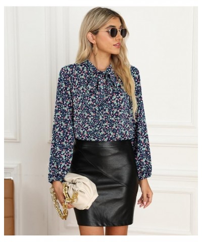 Womens Dressy Chiffon Blouse Long Sleeve Casual Tie Neck Shirt Tops Long Sleeve 01 Flower Navy Blue $10.44 Blouses