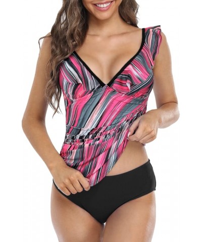 Women's Tankini Swimsuits Shirred Tummy Control Swimwear Ruffled V Neck Two Piece Bathing Suits Pink&black Stripes $21.83 Swi...