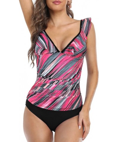 Women's Tankini Swimsuits Shirred Tummy Control Swimwear Ruffled V Neck Two Piece Bathing Suits Pink&black Stripes $21.83 Swi...