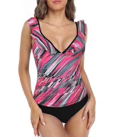 Women's Tankini Swimsuits Shirred Tummy Control Swimwear Ruffled V Neck Two Piece Bathing Suits Pink&black Stripes $21.83 Swi...