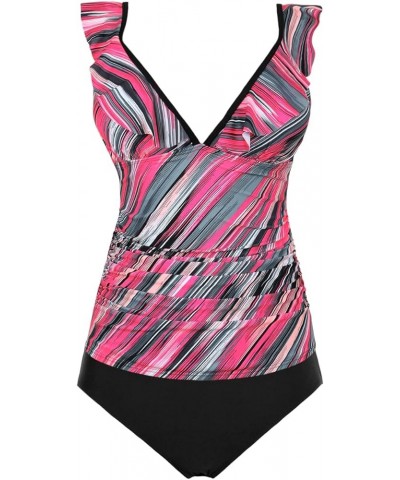 Women's Tankini Swimsuits Shirred Tummy Control Swimwear Ruffled V Neck Two Piece Bathing Suits Pink&black Stripes $21.83 Swi...