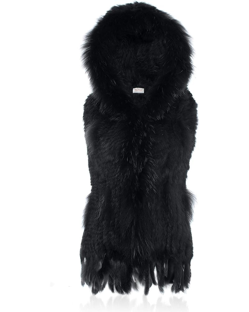 Genuine Rabbit Fur Coat for Women with Raccoon Fur Trim Collar, Hooded Fur Vest Womens Fur Vest, Soft and Comfortable Black $...