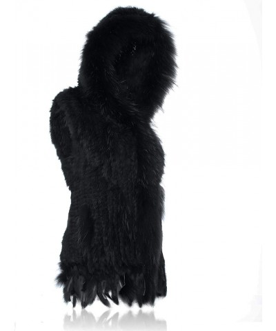 Genuine Rabbit Fur Coat for Women with Raccoon Fur Trim Collar, Hooded Fur Vest Womens Fur Vest, Soft and Comfortable Black $...