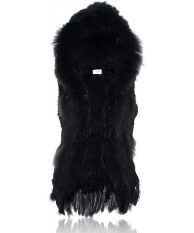 Genuine Rabbit Fur Coat for Women with Raccoon Fur Trim Collar, Hooded Fur Vest Womens Fur Vest, Soft and Comfortable Black $...