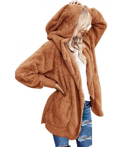 Womens Fuzzy Fleece Open Front Hooded Cardigan Jackets Sherpa Outerwear Coats with Pockets 05 Cinnamon $19.24 Sweaters