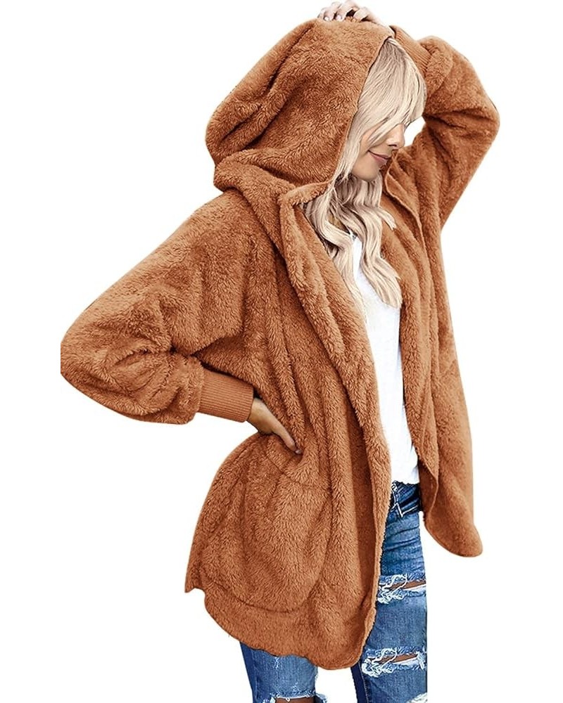 Womens Fuzzy Fleece Open Front Hooded Cardigan Jackets Sherpa Outerwear Coats with Pockets 05 Cinnamon $19.24 Sweaters