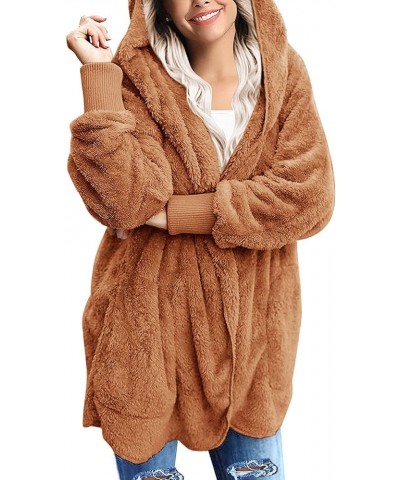 Womens Fuzzy Fleece Open Front Hooded Cardigan Jackets Sherpa Outerwear Coats with Pockets 05 Cinnamon $19.24 Sweaters