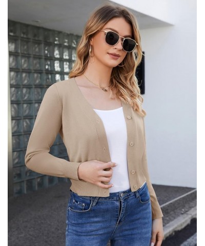 Women's Long Sleeve Lightweight Cardigan Sweater Button Down Knit Jackets V Neck Open Front Cardigans for Dresses Crop-khaki ...