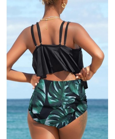 Women High Waisted Swimsuit Two Piece Ruffled Flounce Top with Ruched Bottom (Available in Plus Size) 02black Leaf $23.51 Swi...