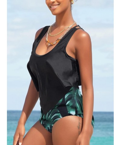 Women High Waisted Swimsuit Two Piece Ruffled Flounce Top with Ruched Bottom (Available in Plus Size) 02black Leaf $23.51 Swi...